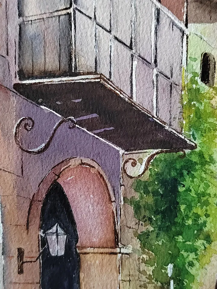 Original Watercolor Painting Cozy Urban Landscape Italy Street Artwork 27x33 cm by SoftWaves