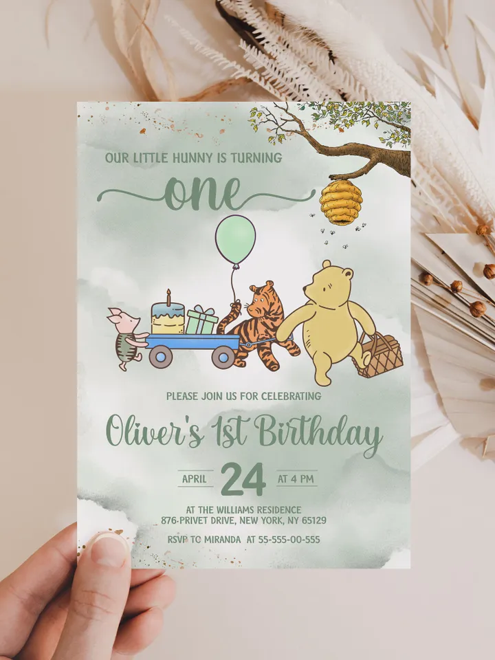 Classic Winnie Pooh Baby Birthday Invitation; Winnie Pooh Baby Birthday ; Greenery Baby Birthday; Honey Bear Birthday; Winnie Pooh wp