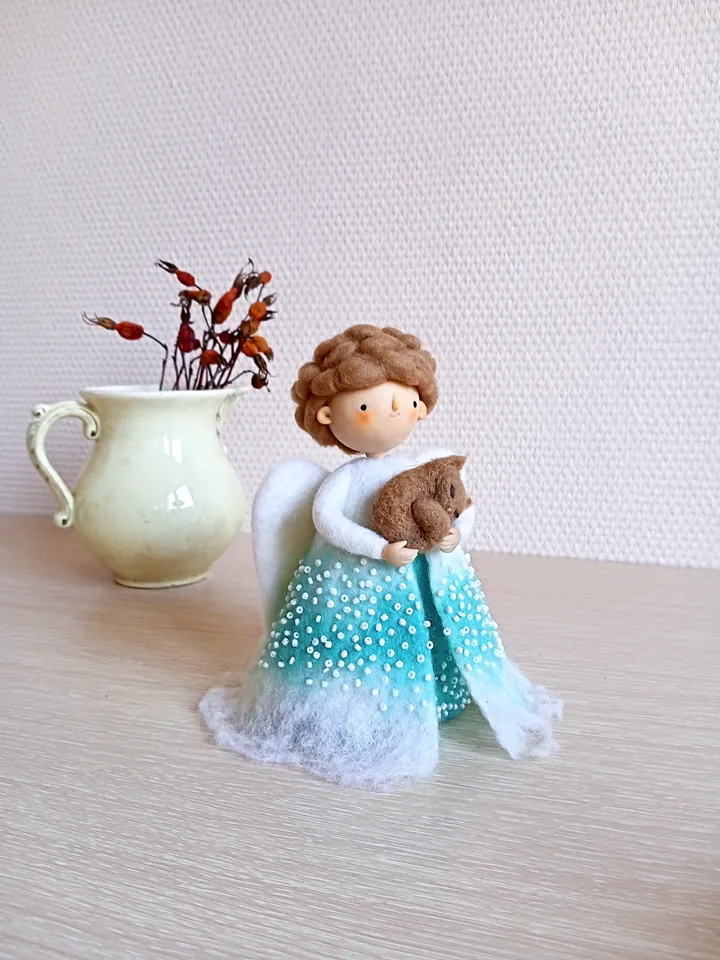 Waldorf inspired angel with cat\OOAK angel figurine\Wool needle felted magic angel art doll\Animal lovers gift\Loss pet gift\Keeper pets