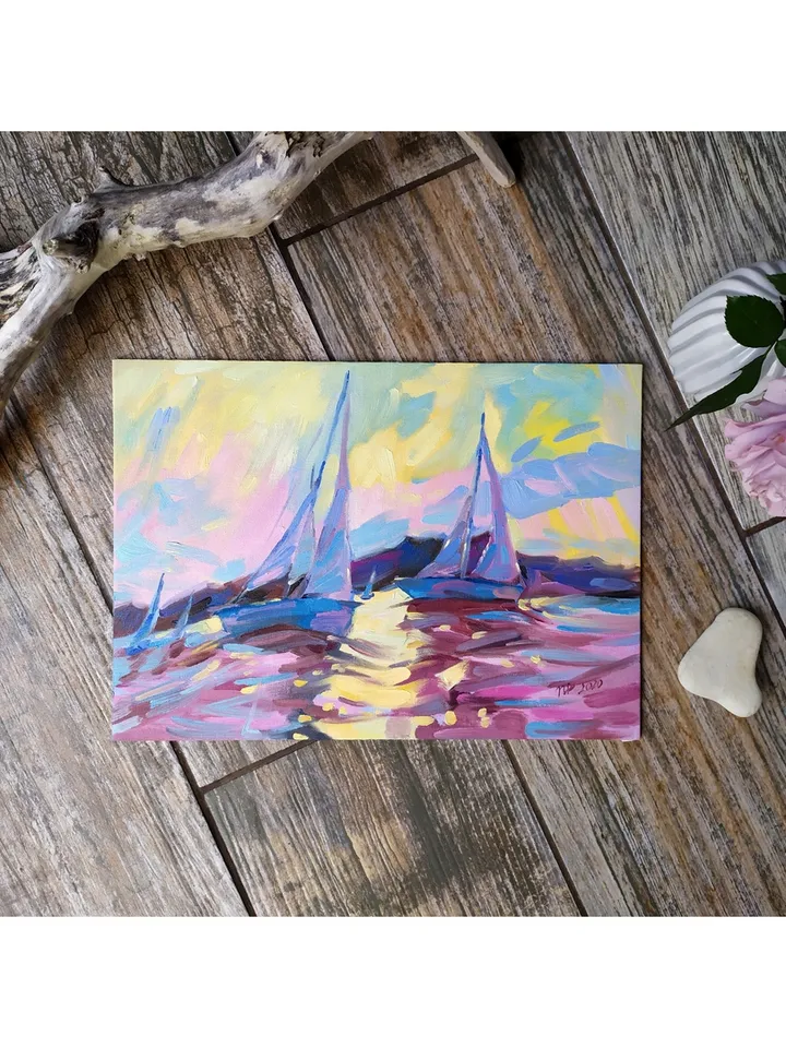 Baker Beach painting San Francisco original art 10 by 14 in Boat wall art Yachts artwork by Natalia Plotnikova