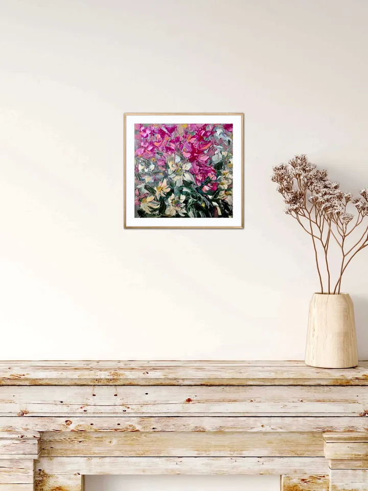 Pink and white flowers fantasy painting ,original oil impasto painting on small canvas board ,wall decoration,small gift.