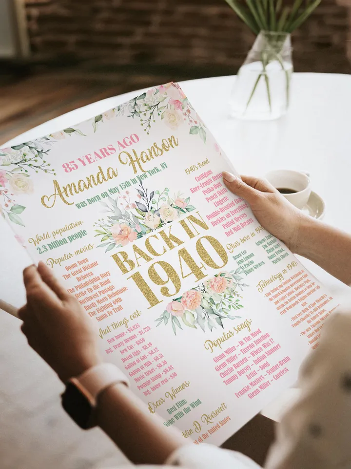 85th Birthday Poster, 85th Floral Birthday, Back in 1940, 85th Birthday Decoration, 85th Birthday Gift, born in 1940 Birthday Poster