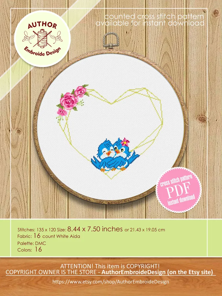 Floral heart frame cross stitch pattern download PDF Blue birds cross stitch, Wedding cross stitch chart, Valentine stitch Flower wreath #Y7