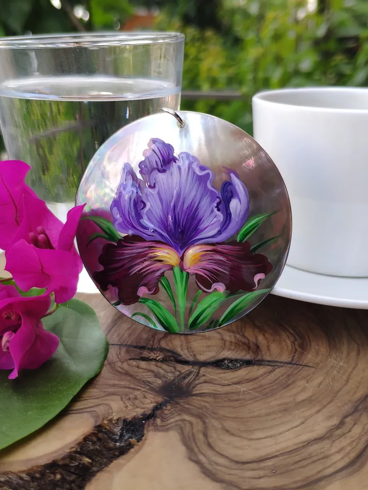 Pearl pendant necklace: Purple iris flower hand painted on dainty necklace • trendy art jewelry fitting for cute dress • fresh floral style