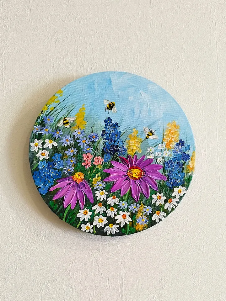 Wildflowers with Bumblebees Textured Painting | Insect Artwork
