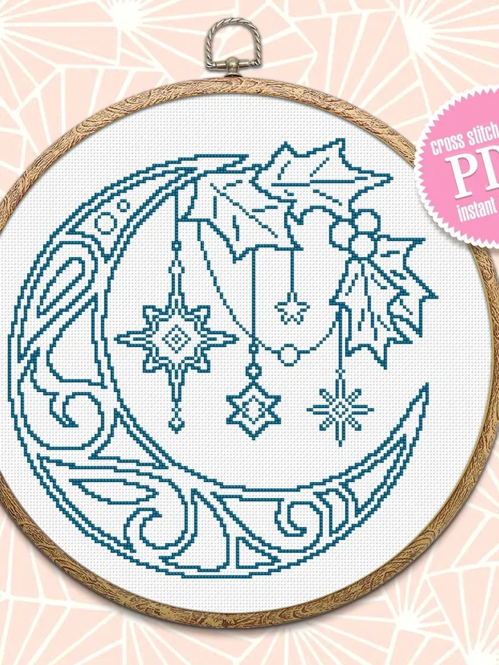 Christmas moon cross stitch pattern download PDF Mandala moon embroidery Monochrome mandala digital Merry Christmas cross stitch chart #M163