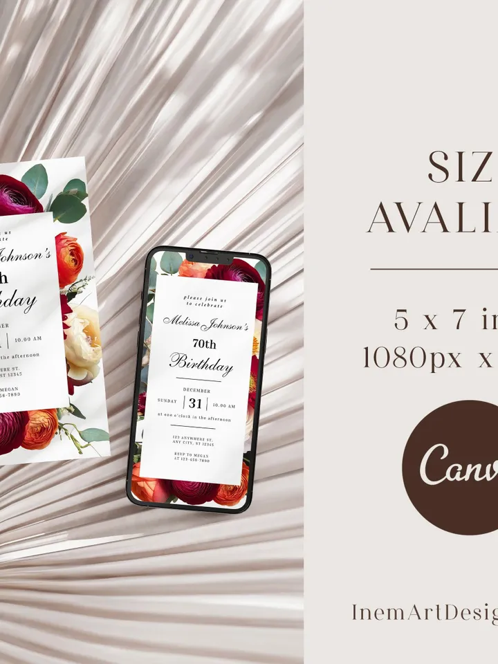 70th Birthday Invitation Elegant Floral Birthday Evite, Burgundy Peach Ivory Ranunculus Eucalyptus 75th Printable Invite canva template