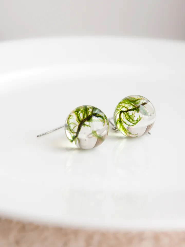Moss sphere earrings. Dangle resin earrings