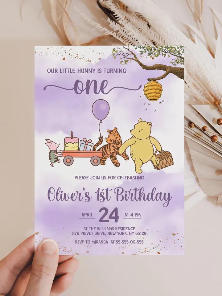 Classic Winnie Pooh Baby Birthday Invitation; Winnie Pooh Baby Birthday ; Greenery Baby Birthday; Honey Bear Birthday; Winnie Pooh wp