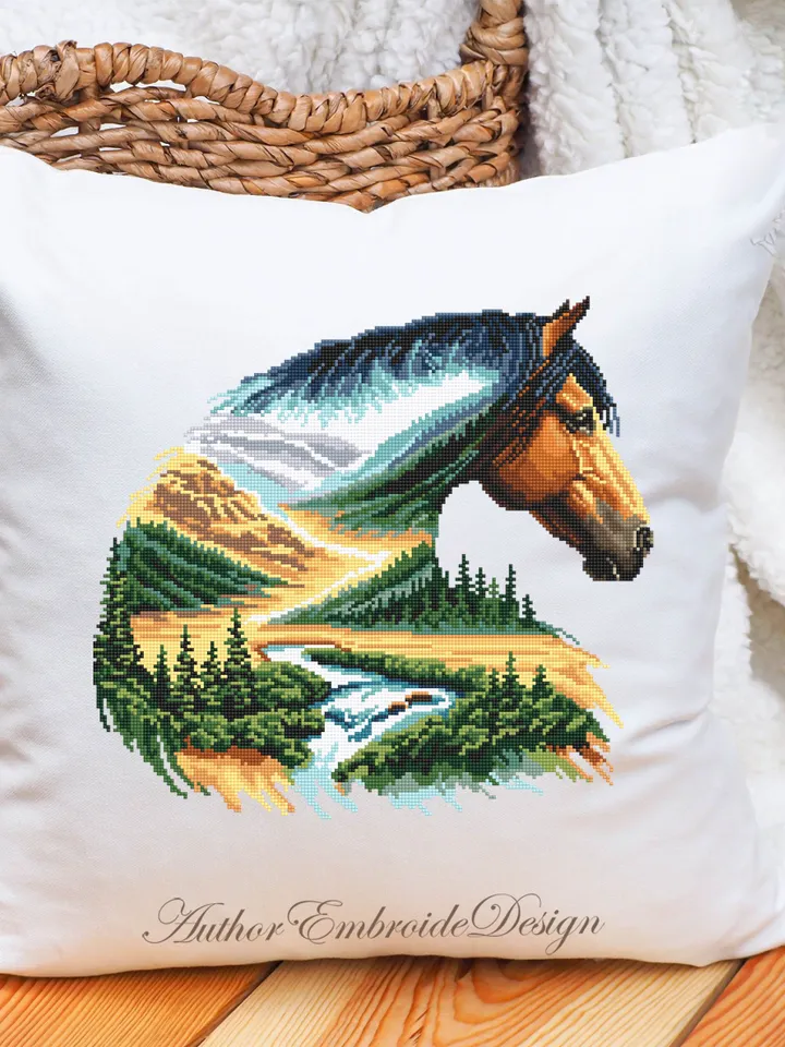 Watercolor horse cross stitch pattern PDF download Nature landscape cross stitch chart, Horse pattern digital PDF, Gift for horse lover #L82