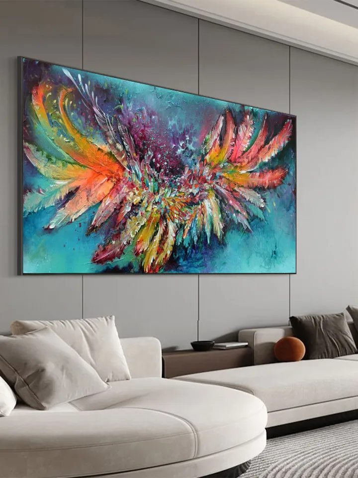 Original Painting On Cnavas, Abstract Colorful Feathers Painting, Boho Wall Decor, Large Wall Art, Modern Art, Office Living room Wall Decor