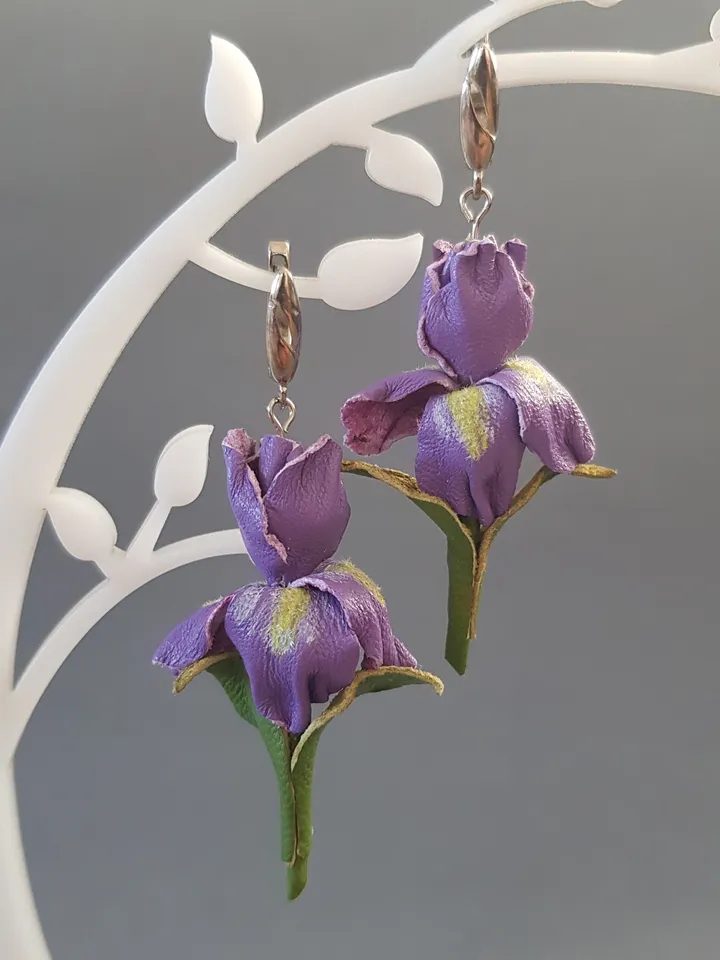 Iris leather earrings for her, Leather jewelry, 3rd anniversary gift for wife