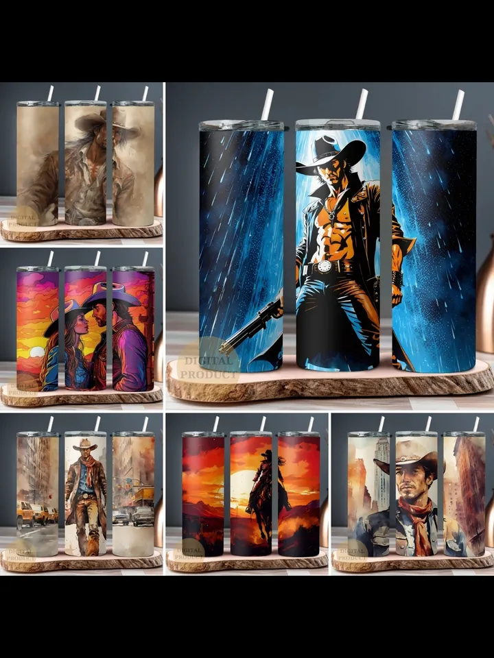10 Western Cowboy 20 Oz Tumbler Wraps png Bundle, Cowboy and Cowgirl Bundle Sublimation Tumbler Designs png, Cowboy and Cowgirl on Horse