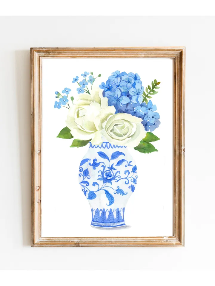 Chinoiserie Vase Wall Art Print, Hydrangea Painting, Ginger Jar Art, Blue and White Porcelain  Vase,Housewarming Gift, Apartment Decor Print