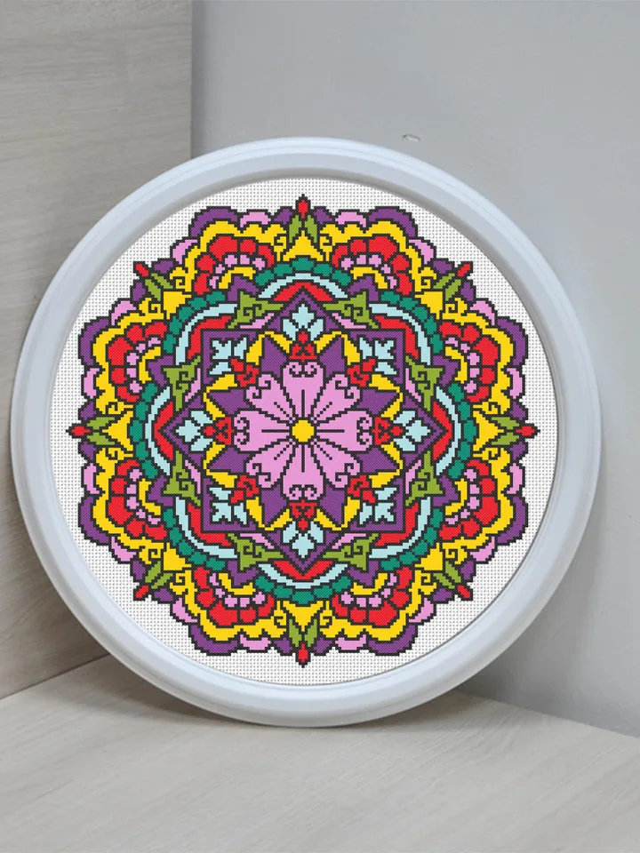 Bright mandala cross stitch pattern download PDF Flower mandala cross stitch chart, Embroidery mandala ornament Modern beginner stitch #M136