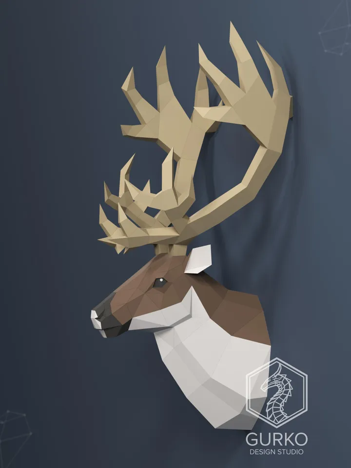 Reindeer Head Papercraft, Digital Template, PDF Download, Gurko, 3D Low Poly, Pepakura, DIY Origami Sculpture, Paper Decor, DIY Gift