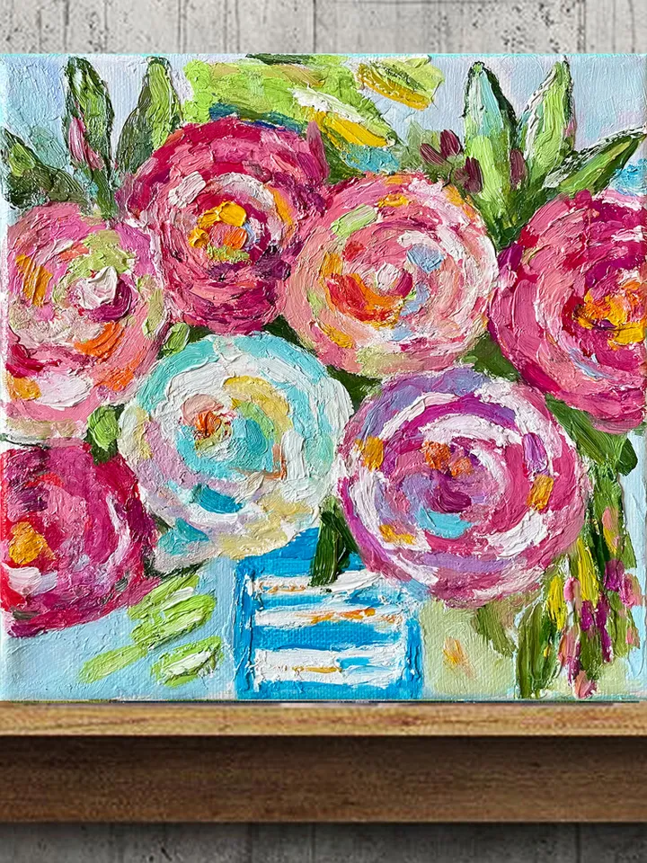 Pink Rose painting, Original Flower oil Painting canvas Fauvism style art