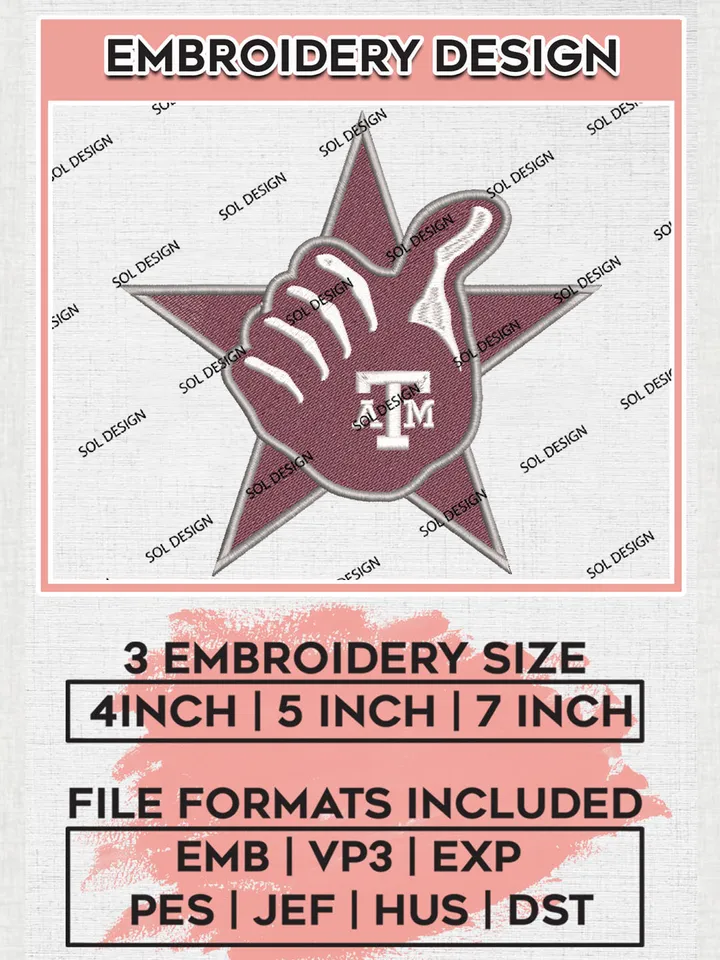 NCAA Texas A&M Aggies Team Hand Logo Embroidery Design Files, NCAA Texas A&M Aggies Machine Embroidery, NCAA Teams, 3 sizes, NCAA Machine embroidery designs, Digital Download
