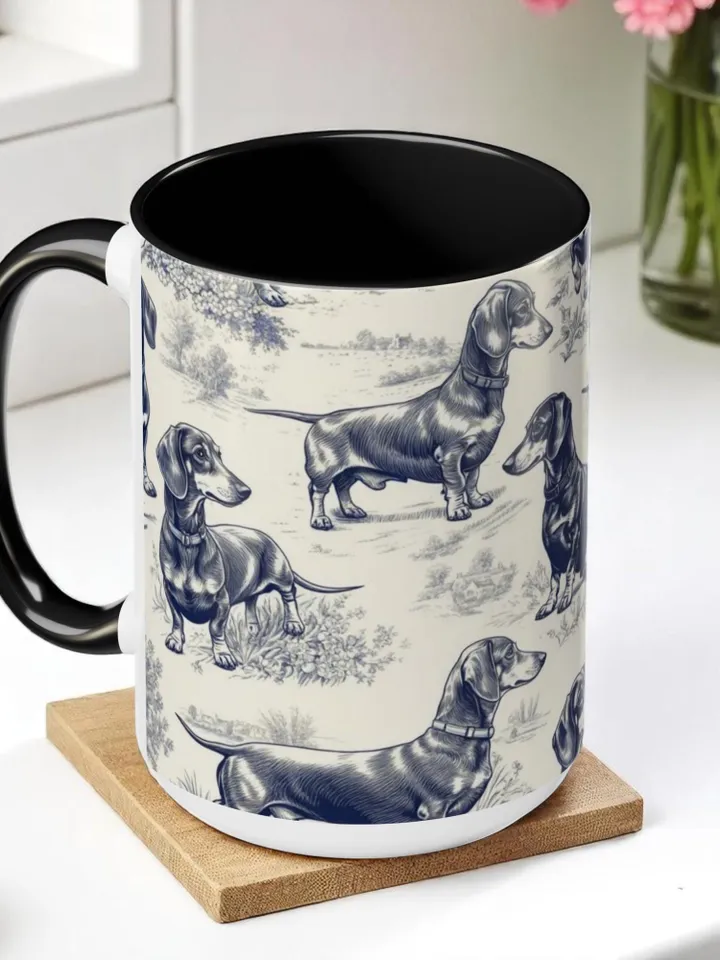 Dachshund French Toile de Jouy Ceramic Mug, Toile Coffee Cup for Doxie Mom, Sausage Dog Lover Gifts, Dog Tea Drinkware, Gift For Dog Lovers