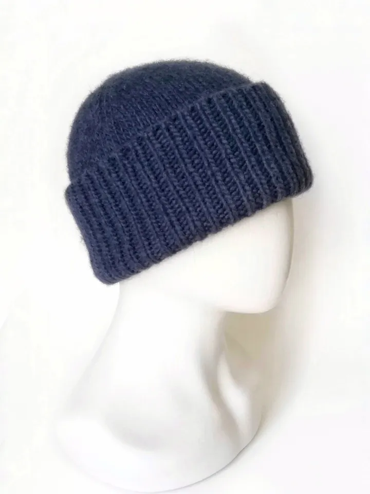 Handmade Alpaca Wool Seamless Blue Men's Winter Hat Warm and Cozy Handcrafted Knitwear, Fold-Up Cuff, Hand-Knit Beanie. FREE SHIPPING!