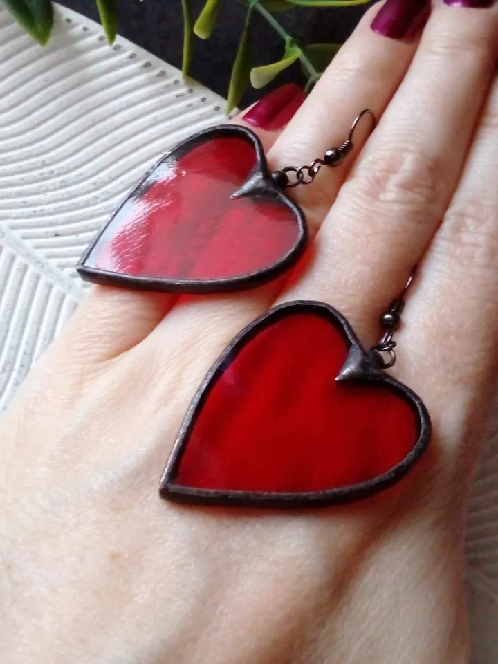 Heart stained glass earrings for Valentine day, valentines kawaii earrings