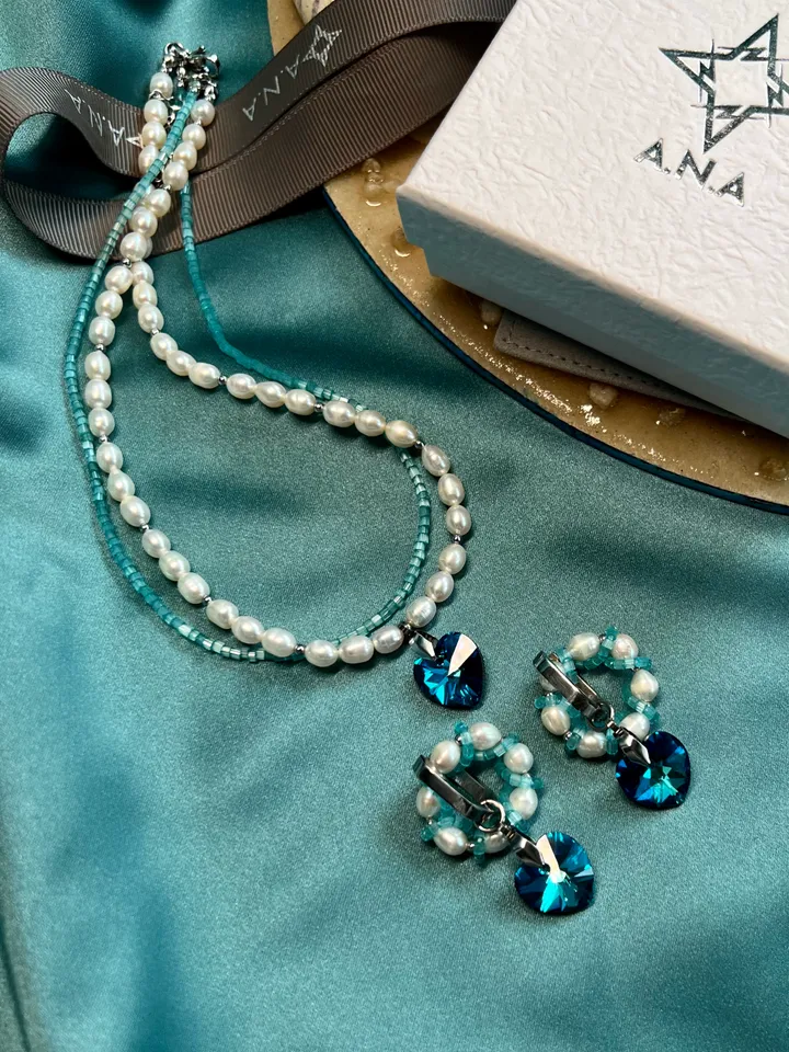 Natural Pearl Jewelry Set Necklace Earrings OCEAN HEART