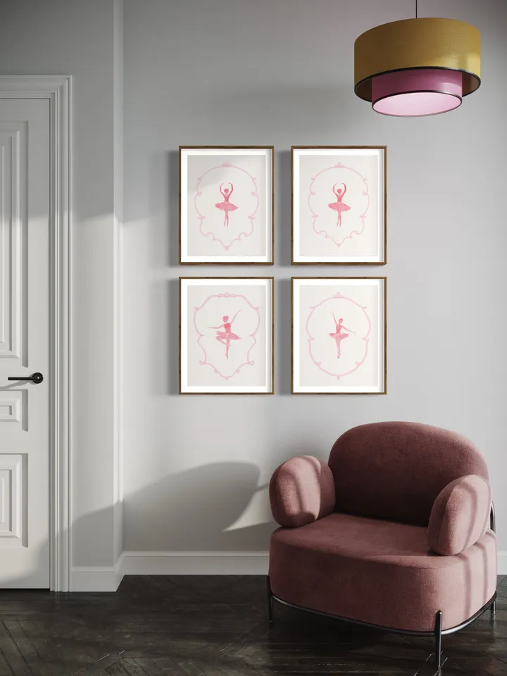 Pink Set Of 4 Ballet Nursery Wall Art Prints, Watercolor Painting, Kids Ballet Prints, Blush Ballerina, Girls Ballet Prints, Vintage Dance