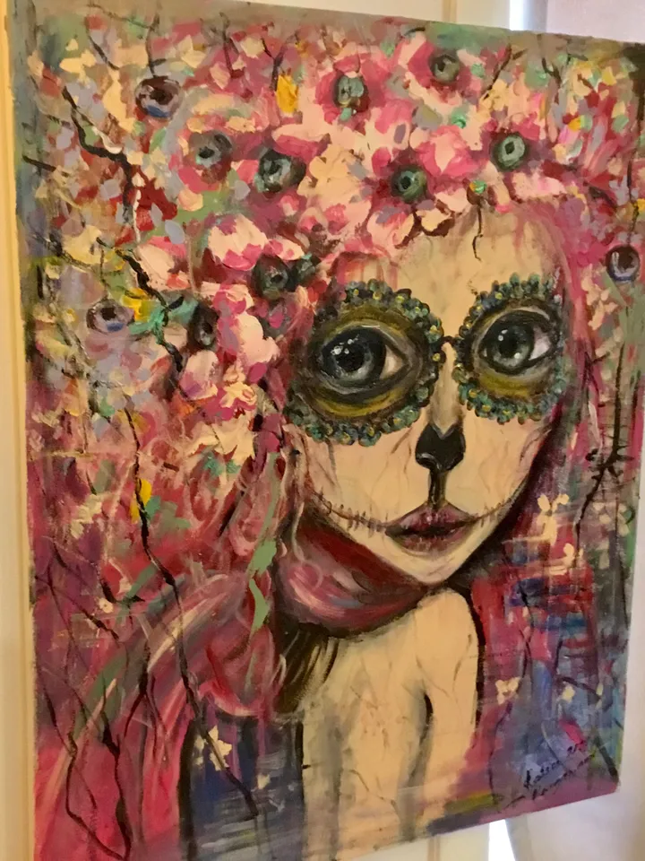 Santa muerte painting,original acrylic painting on stretched canvas,one of a kind,Halloween decoration,fantasy woman in flowers portrait.