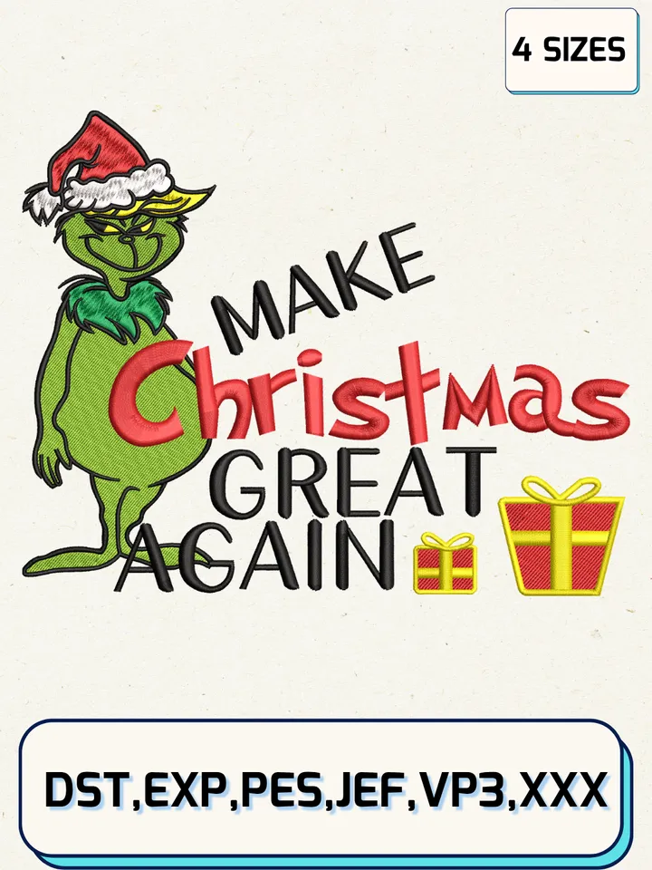Make Christmas Great Again Funny Embroidery Design,Christmas Embroidery Designs,Machine Embroidery Files,Grinch Trump Embroidery Design,4 Sizes