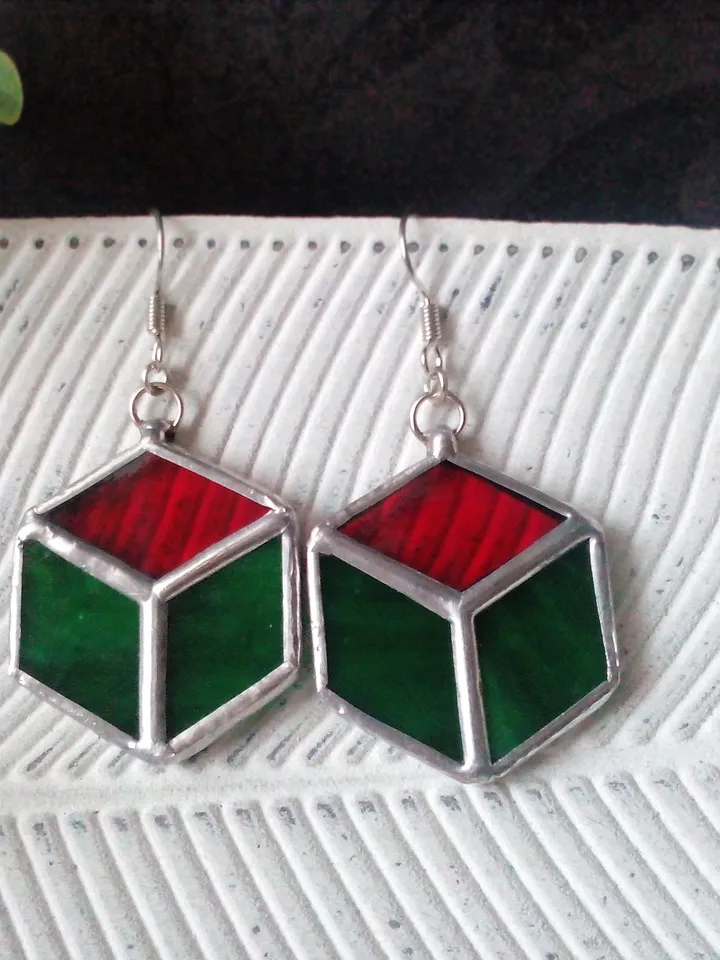 Cube earrrings, hexagon earrings, geometric earrrings, simple stained glass, green stained glass, honeycomb