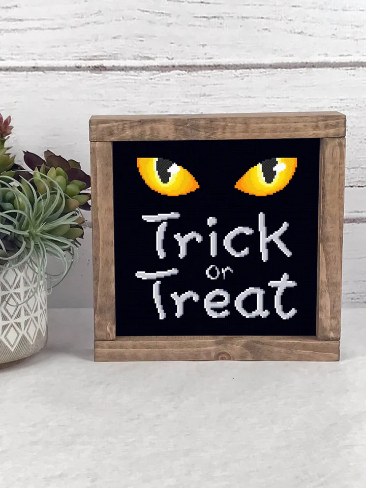 Trick or treat cross stitch pattern PDF download Black cat cross stitch chart, Halloween pattern digital PDF, Cat eyes, Halloween quote #H11