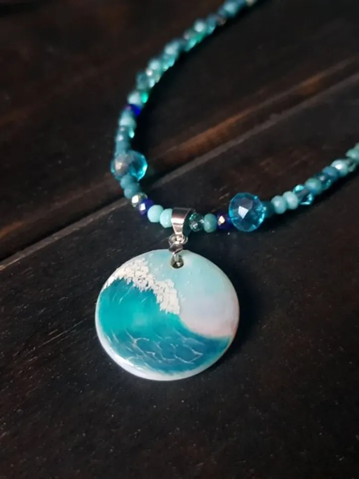 Wave necklace, surfer jewelry, sea wave miniature painting on pearl pendant