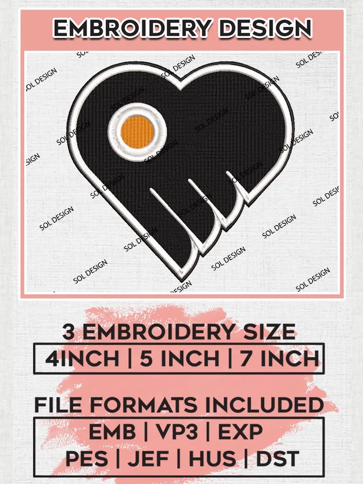 NHL Philadelphia Flyers Heart Logo Embroidery Files, NHL Philadelphia Flyers Team Embroidery Designs, NHL Teams, 3 sizes,  NHL Embroidery Designs, NHL Machine Embroidery Designs, Digital Download