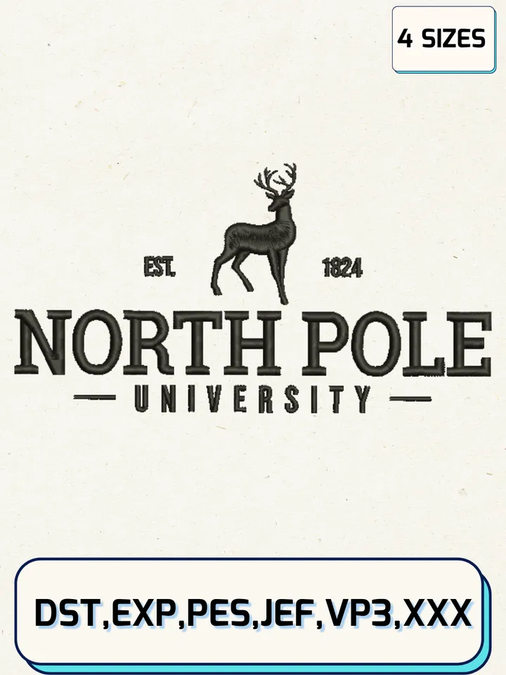 North Pole University Embroidery Designs,Christmas Embroidery Designs,Machine Embroidery Files,4 Sizes