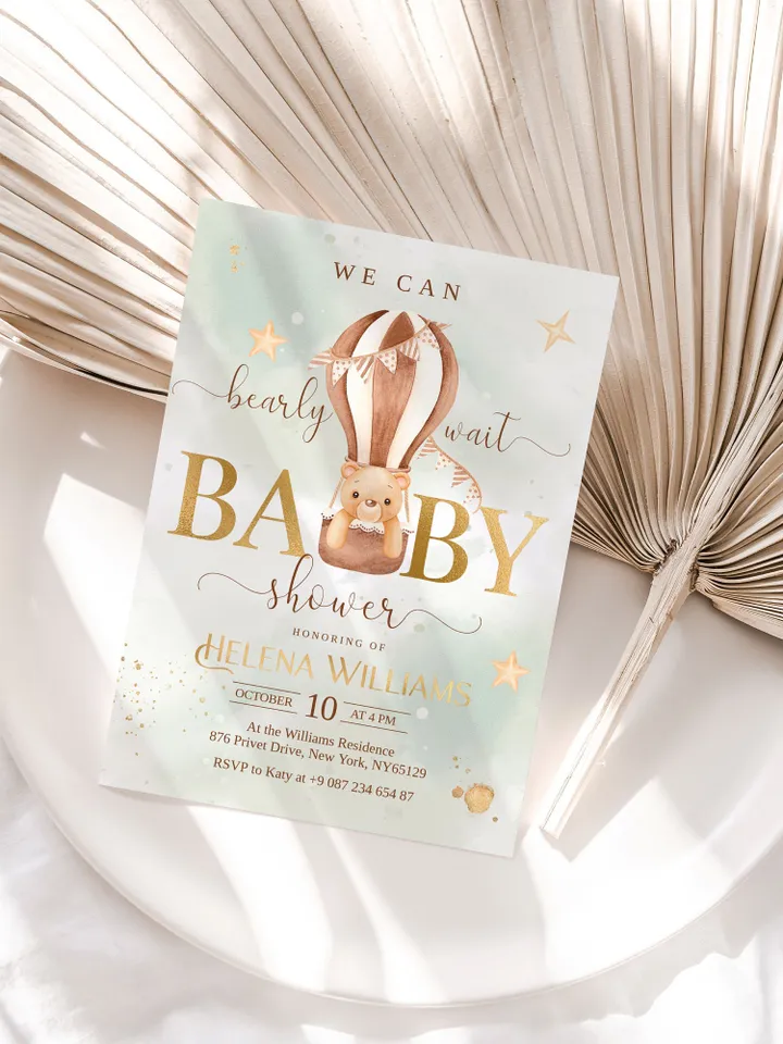 Editable Bearly Wait Baby Shower Invitation Hot Air Ballons Bear Baby Shower Neutral Boho Berly Baby Shower Template