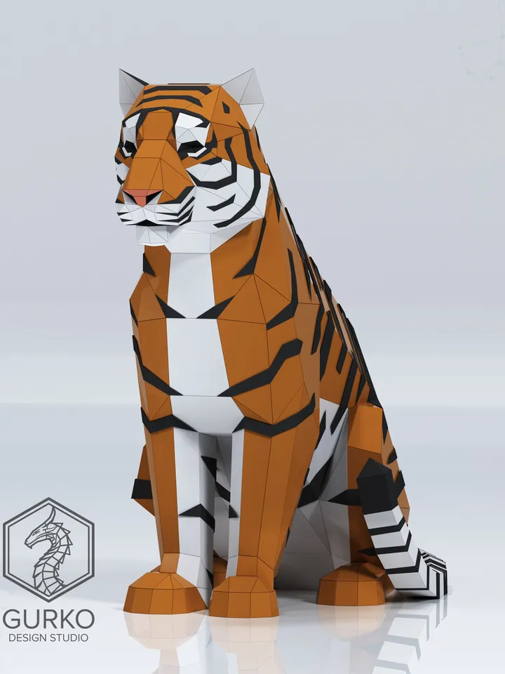 Sitting Tiger Papercraft, Cat, Digital Template, PDF Download, Gurko, 3D Low Poly, Pepakura, DIY Origami Sculpture, Paper Party Decoration