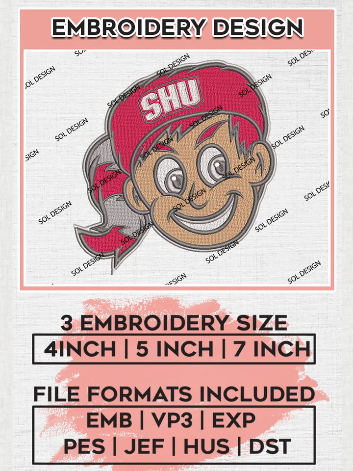 SHU Pioneers Football Team Head Mascot Logo Embroidery Design Files, NCAA Sacred Heart Pioneers Machine Embroidery, NCAA Teams, 3 sizes, NCAA Machine embroidery designs, Digital Download