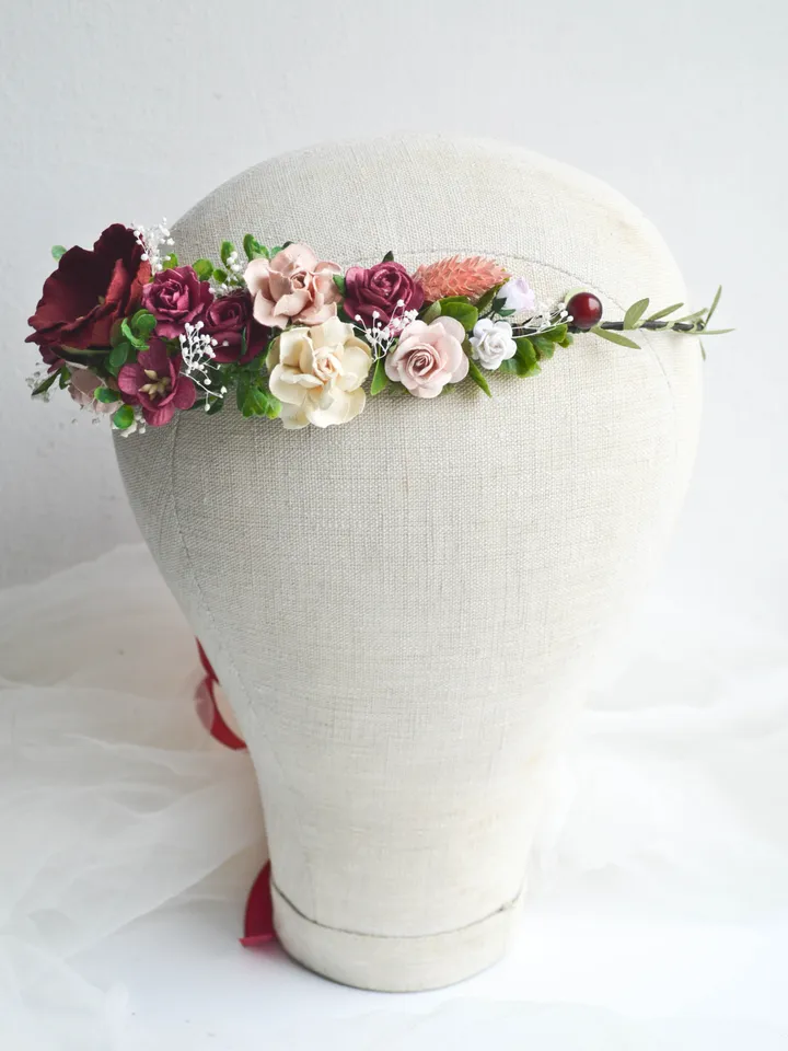 Burgundy Blush flower crown, Wedding flower crown, Burgundy floral crown, Bridal flower hair piece