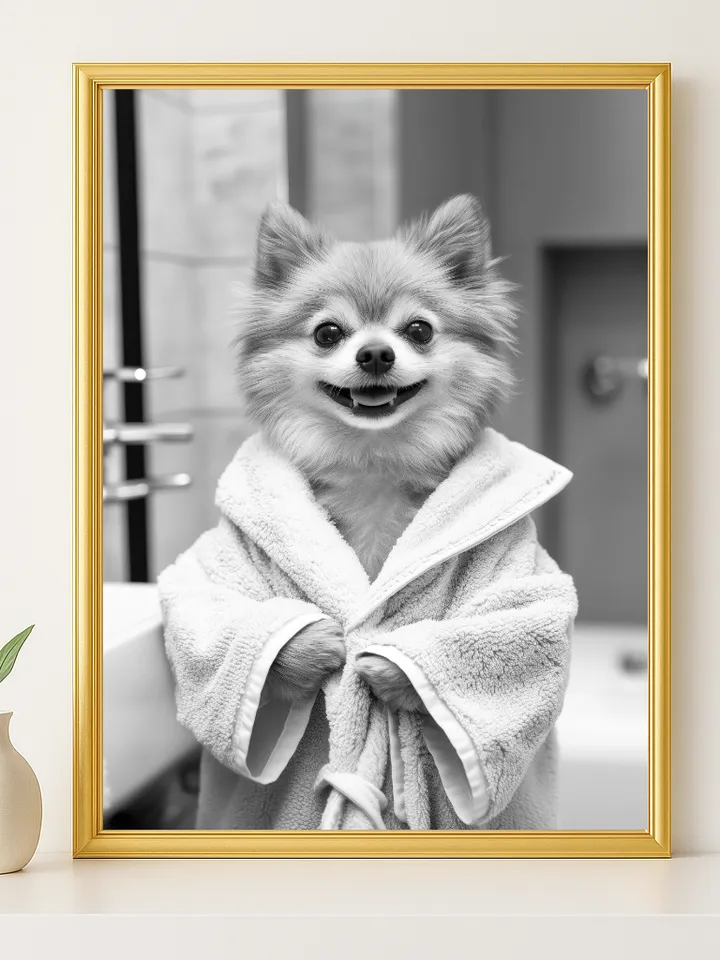 Smiling Pomeranian Bathroom Wall Art, Cute Fluffy Dog in Robe Print, Funny Pet Spa Decor, Puppy Lover Gift Digital Download