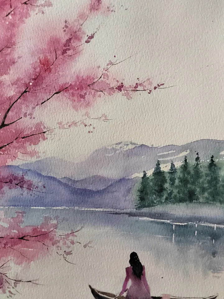 Original Watercolor Painting Japan Landscape Art Sakura Blossoms Artwork 27x39 cm by SoftWaves