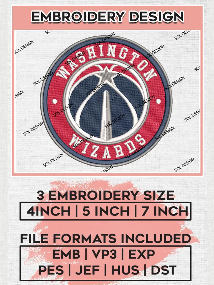 Washington Wizards NBA Basketball Team Logo Embroidery Design, NBA Washington Wizards Logo Embroidery Files, Basketball Team Machine Embroidery, Machine Embroidery Design