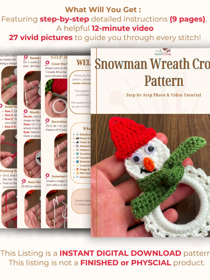 Snowman Wreath Crochet Pattern, Christmas Ornament PDF Tutorial, DIY Holiday Décor, Beginner-Friendly Festive Craft, Handmade Decoration