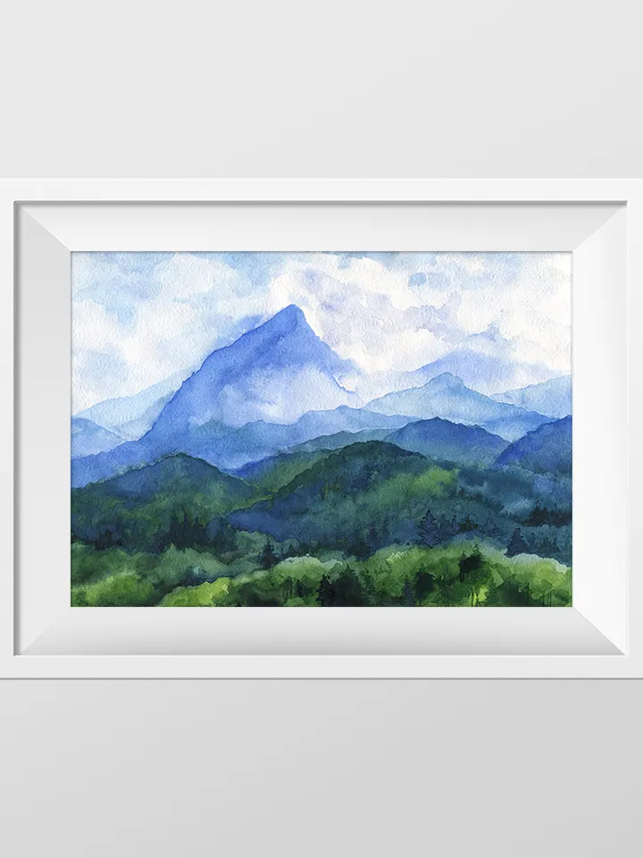 Watercolor poster with mountains, Watercolor digital file, Printable, Art poster, Blue-green landscape, Art print