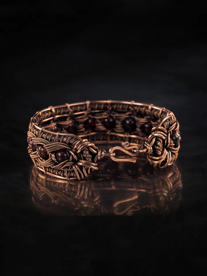 Copper wire wrapped garnet bracelet Unique bangle 7th Wedding Anniversary