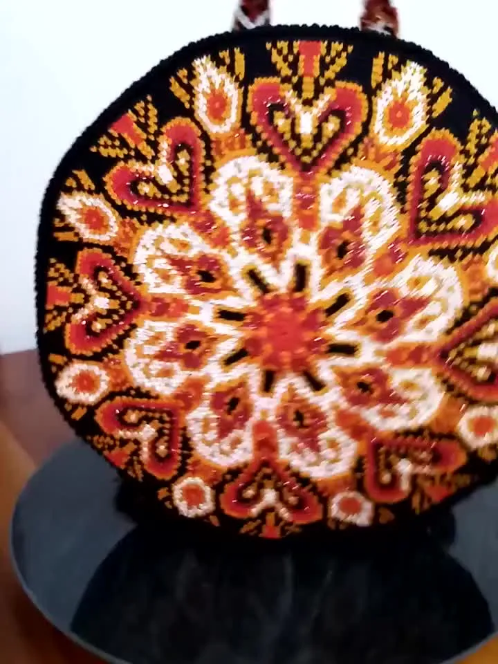 Round floral crochet bag Handmade red backpack Crochet festival bag Art to wear purse Unique crochet bag Macrame shoulder bags  Wayuu style