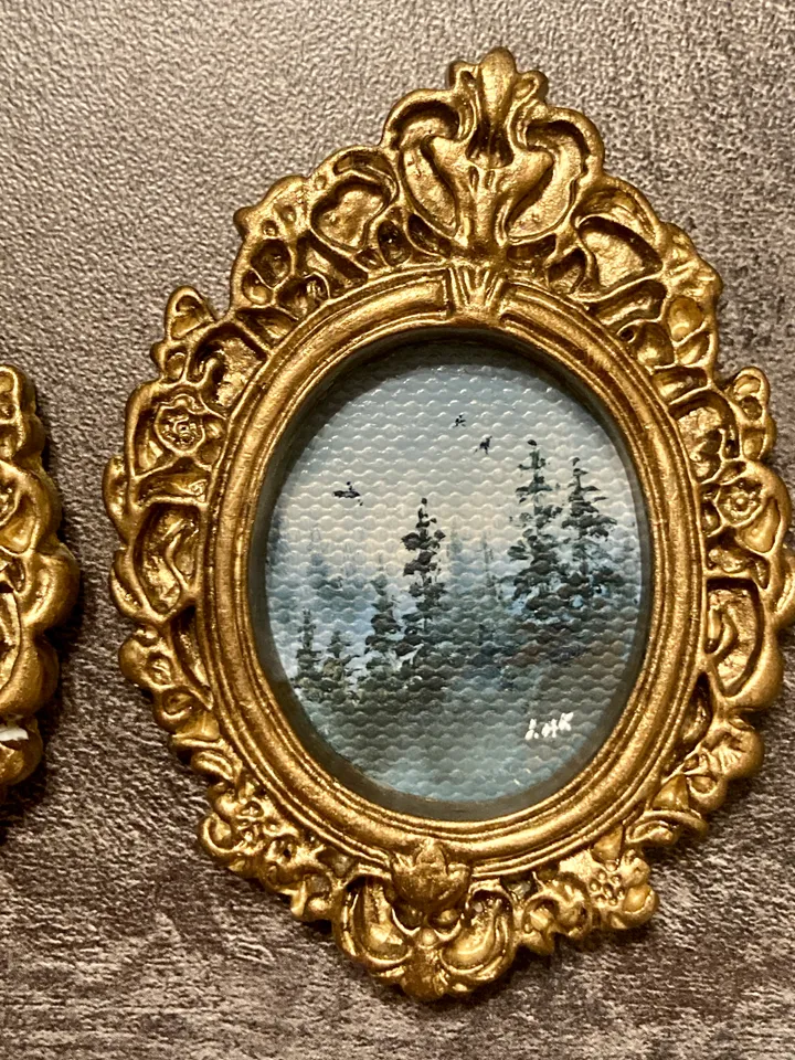 Forest Landscape Oil Painting Set of 2 Original In Vintage Style Frame Small Framed Oval Painting Art