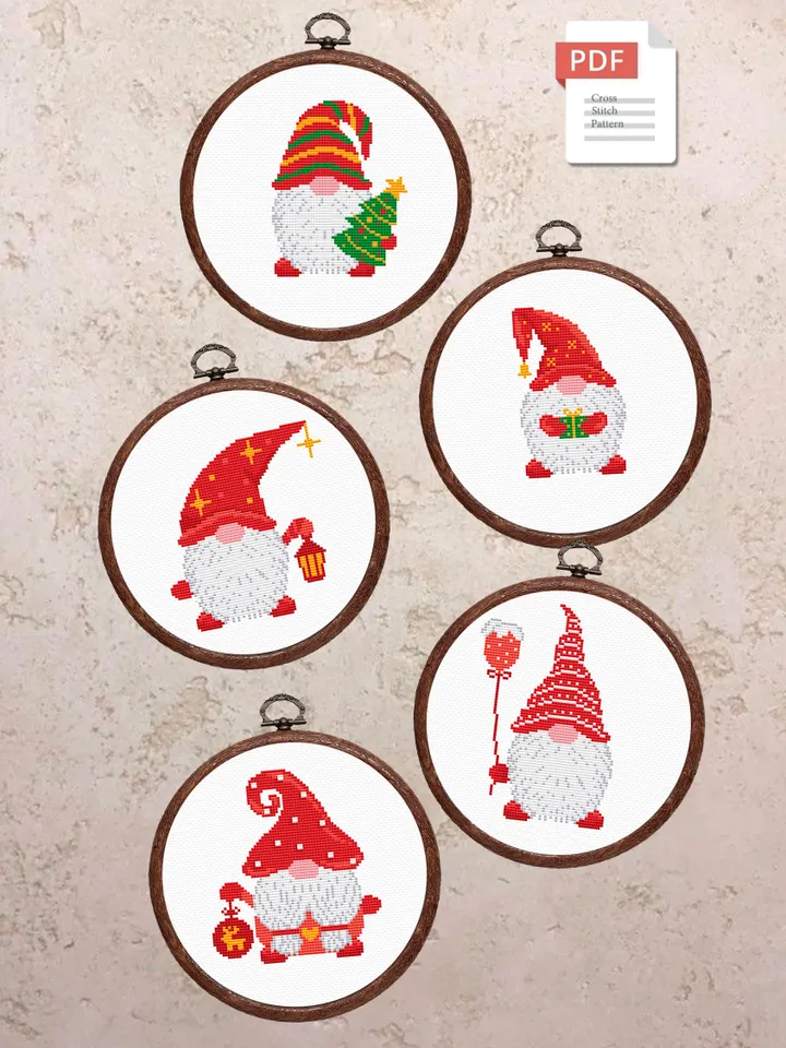 Set of 5 Christmas Gnomes Cross Stitch Pattern, Merry Christmas Cross Stitch Pattern, Christmas Decoration, Christmas Pattern #hld026