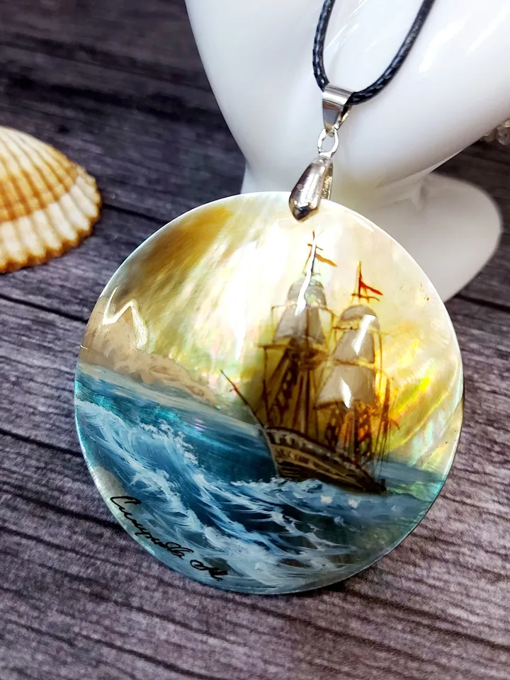 Pearl pendant necklace: Sailboat on the waves painted on shell jewelry • Free sail in sea • Dainty hand made jewellery with ship in ocean