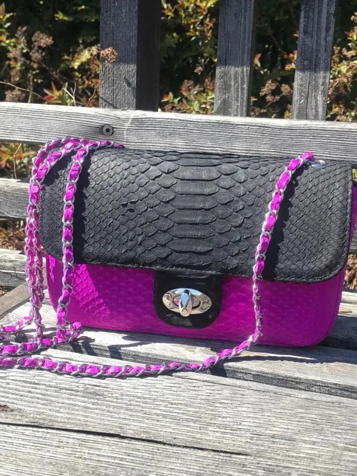 Genuine Python Skin Crossbody Chain Bag | Bright Summer Bag | Elegant Women Bag | Chain Strap Crossbody Black and fuchsia classy Purse