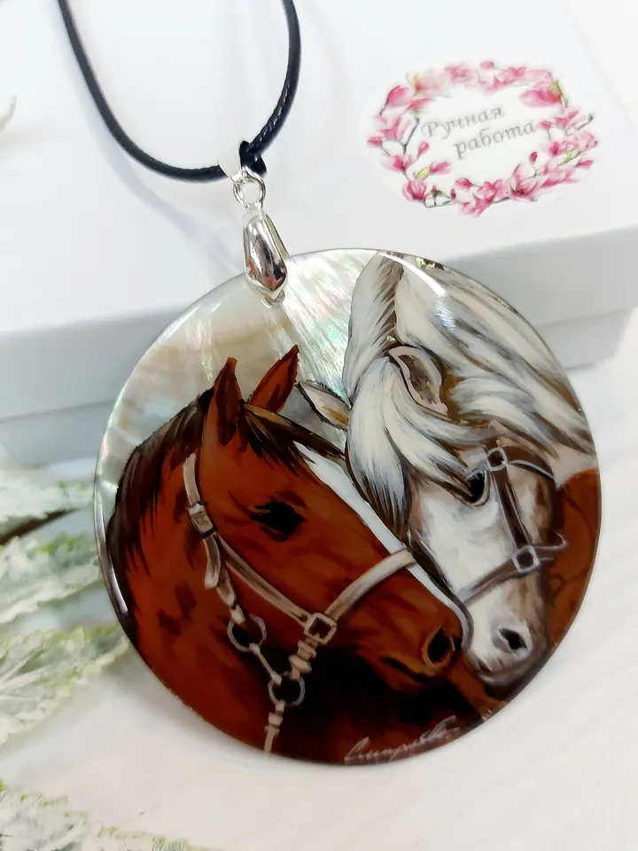 Pearl pendant necklace: Gentle pair of horses in love on handmade jewelry pendant • Dainty gift for nature lover • Elegant pendant for her